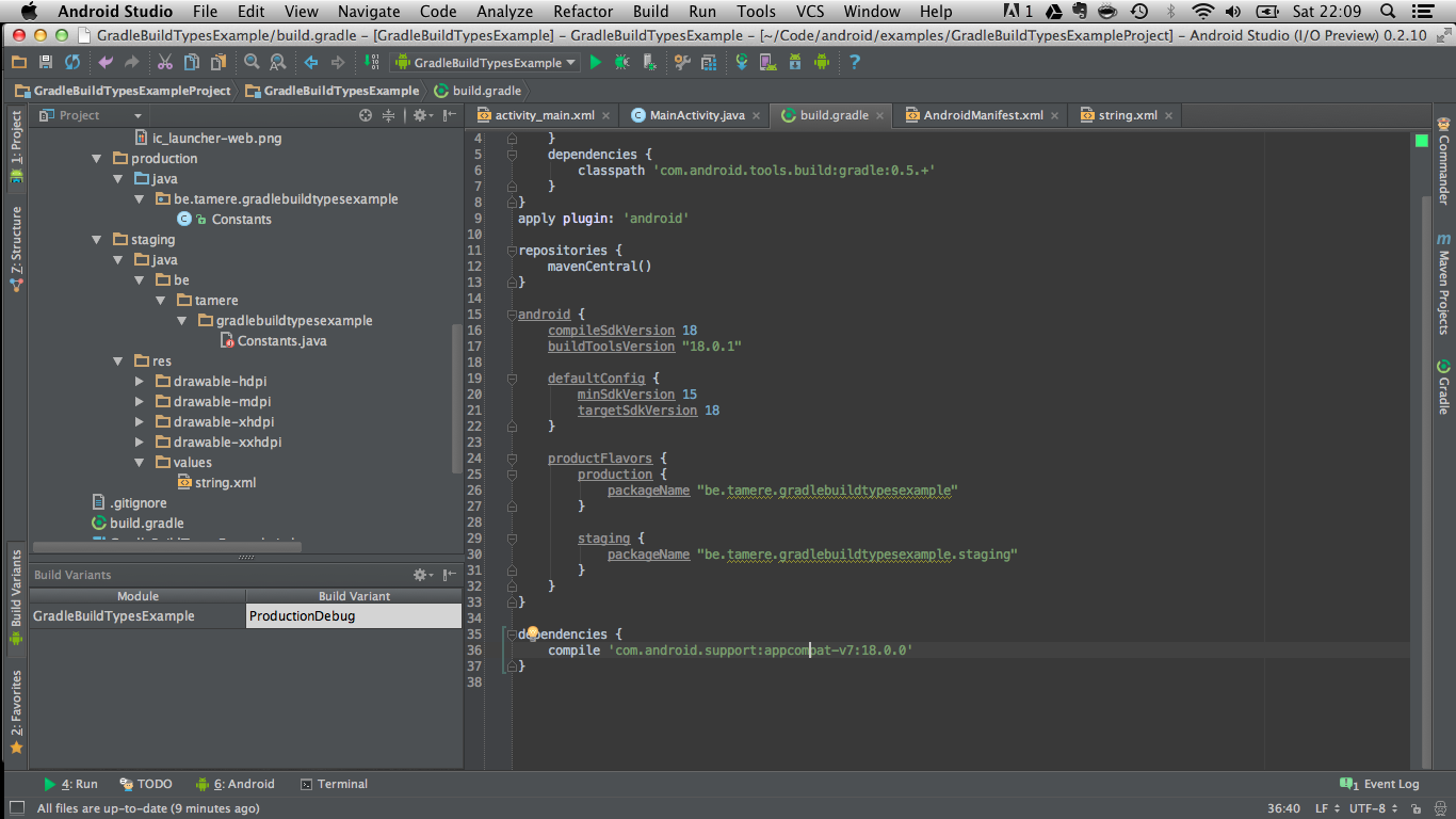 Android Studio IDE showing different build variants